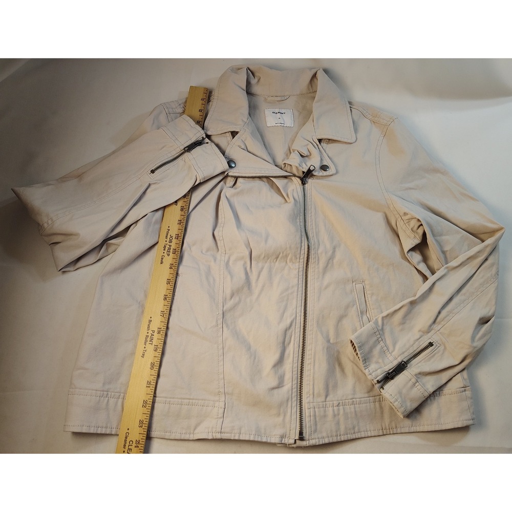 Old Navy Womens XL Beige Cotton Twill Asymmetrical Moto Jacket Zipper Cuffs Tan - Picture 6 of 8